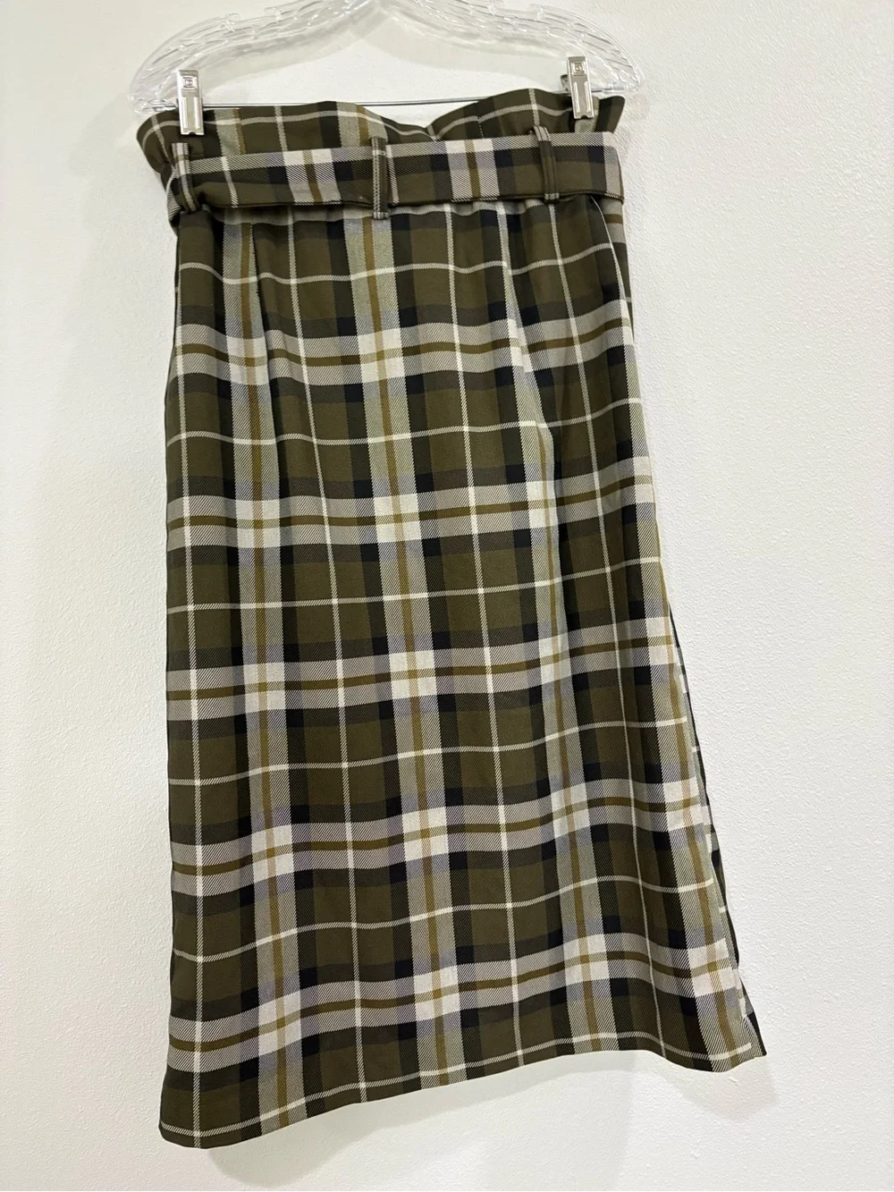 H&M Olive and Cream Plaid Midi Skirt with Tie Waist